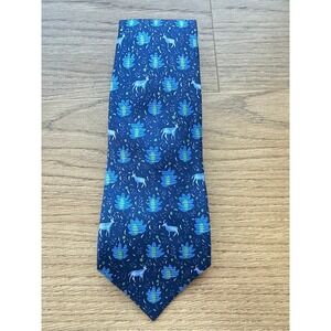 Hermes Paris Men Blue Silk Animal Floral Gazelle Print Tie 7069TA Made in France